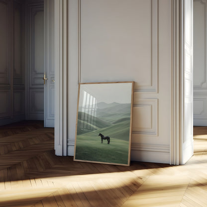 Svart Hest i Rullende Bakker Plakat