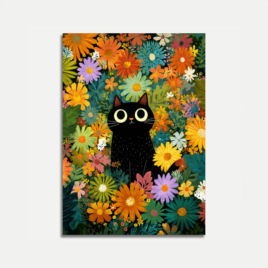 Black Cat in Flower Garden Poster
