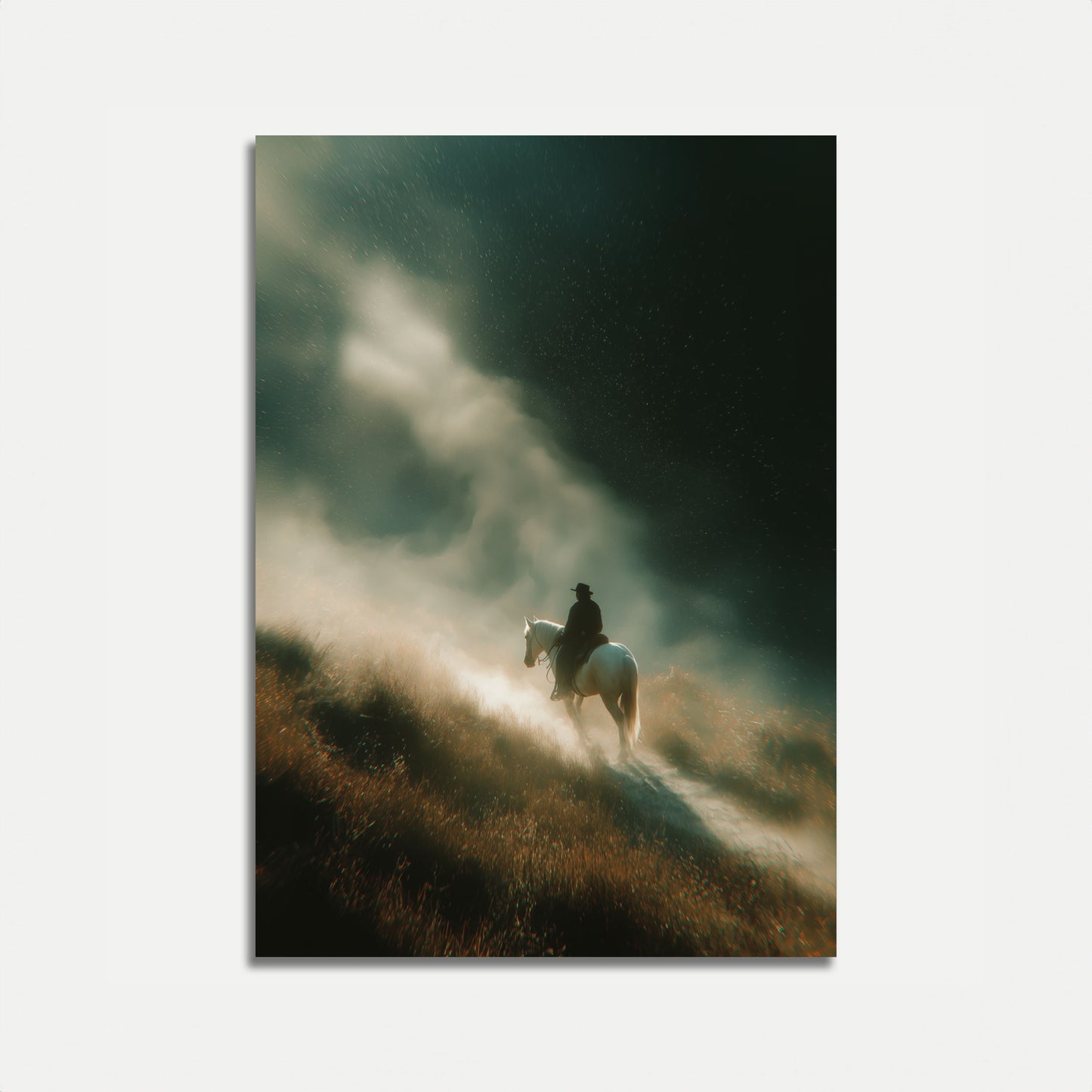 Lone Rider Through Misty Landscape Poster