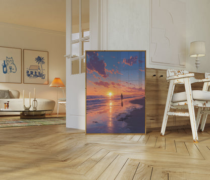 Plakat Surfera Patrzącego na Złoty Zachód Słońca