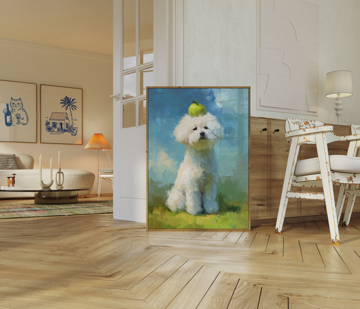 Affiche d'équilibre avec un chiot joueur et une pomme