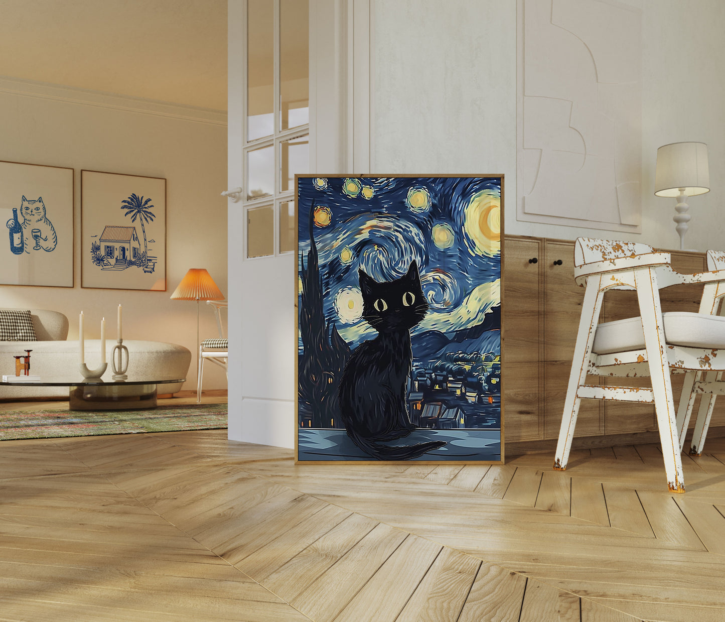 Starry Night Black Cat Poster