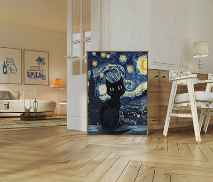 Starry Night Black Cat Poster