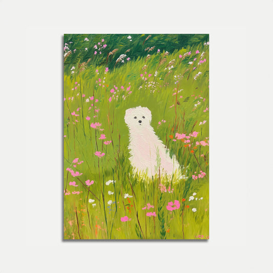 Plakat: Hvit valp på engblomstereng