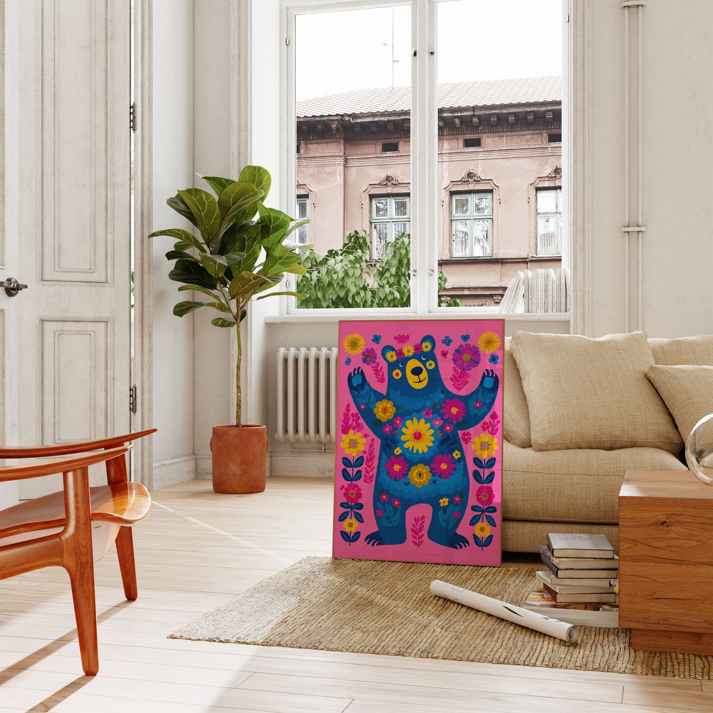 Cheerful Bear With Flowers Poster