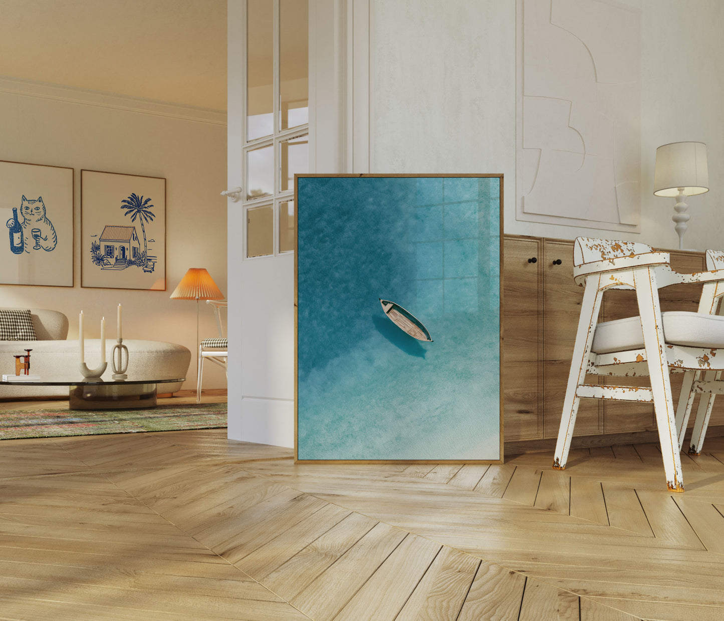 Bateau Solitaire sur Eaux Turquoise Affiche