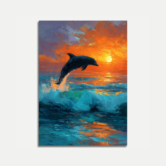 Plakat Delfina Skaczącego o Zachodzie Słońca