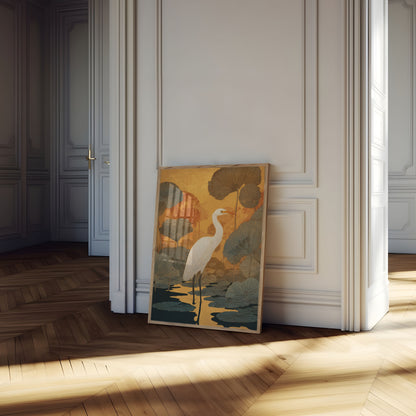White Heron in Lotus Pond Poster