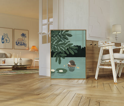 Hedgehog on Lily Pond Poster