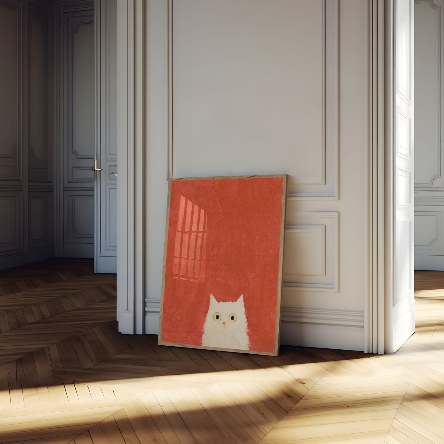 Cartaz Gato Branco Fundo Vermelho