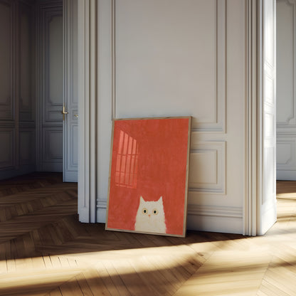 Cartaz Gato Branco Fundo Vermelho