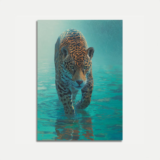 Jaguar som vasser gjennom turkis vann plakat