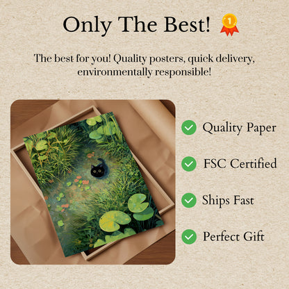 Black Cat in Lily Pond Poster