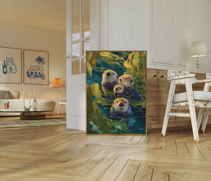 Lontre di mare nella foresta di alghe - Poster
