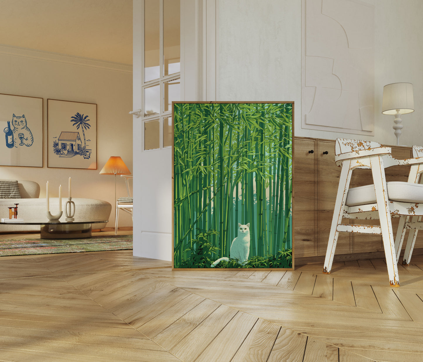 White Cat in Bamboo Forest Poster