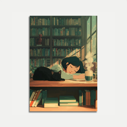 Cozy Library Cat Reading Moment Poster