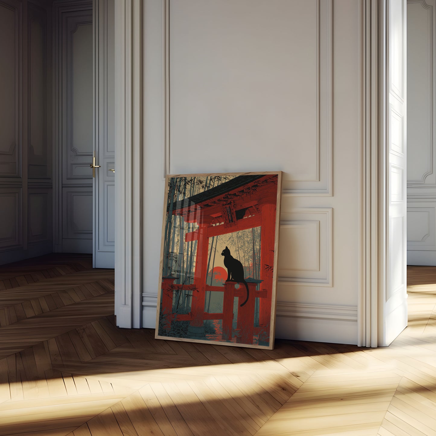 Schwarze Katze im roten Tempel Poster