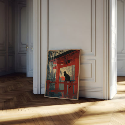 Schwarze Katze im roten Tempel Poster