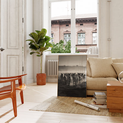 Zebra Herd Black and White Poster