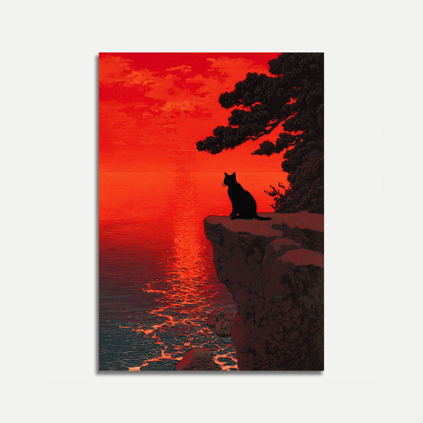 Silhouette Cat Sunset Cliffside Poster