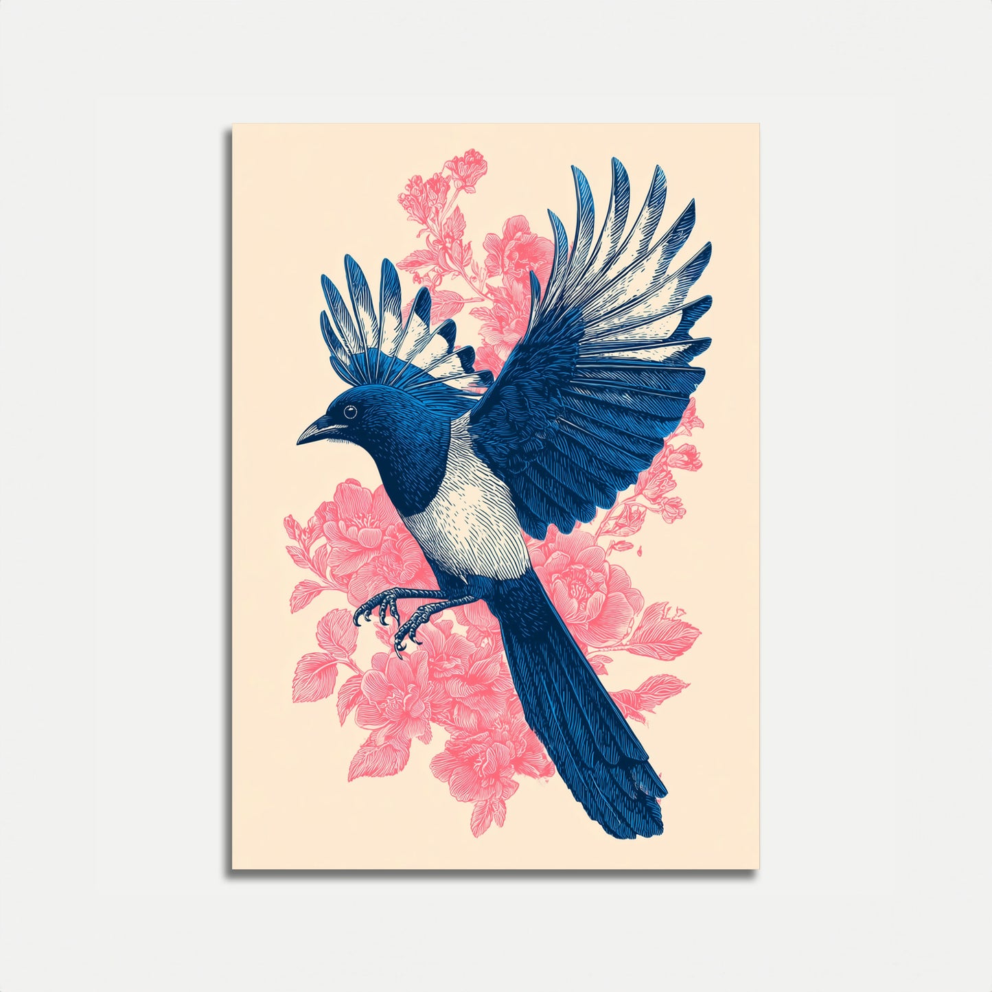 Blue Magpie Floral Flight Poster
