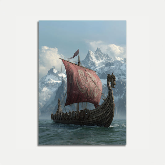 Viking Longship Mountain Voyage Poster