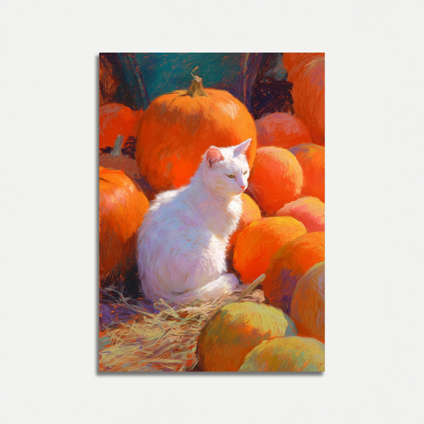 Weißer Katzenposter im Kürbisfeld