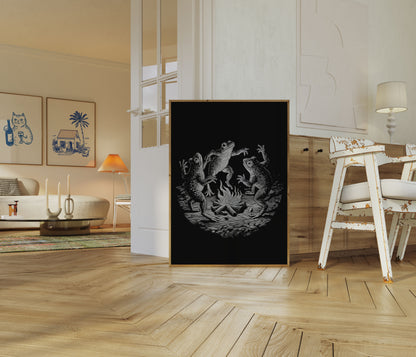 Kikkers die dansen rond een kampvuur poster