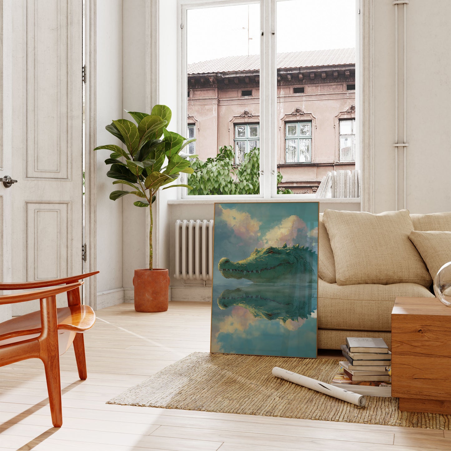 Póster de paisaje onírico de cocodrilo reflexivo