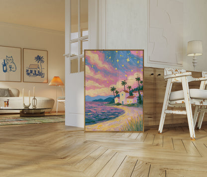 Starry Coastal Villa Sunset Poster