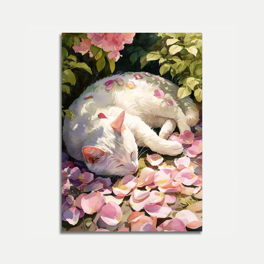 Weiße Katze zwischen rosafarbenen Blumen Poster
