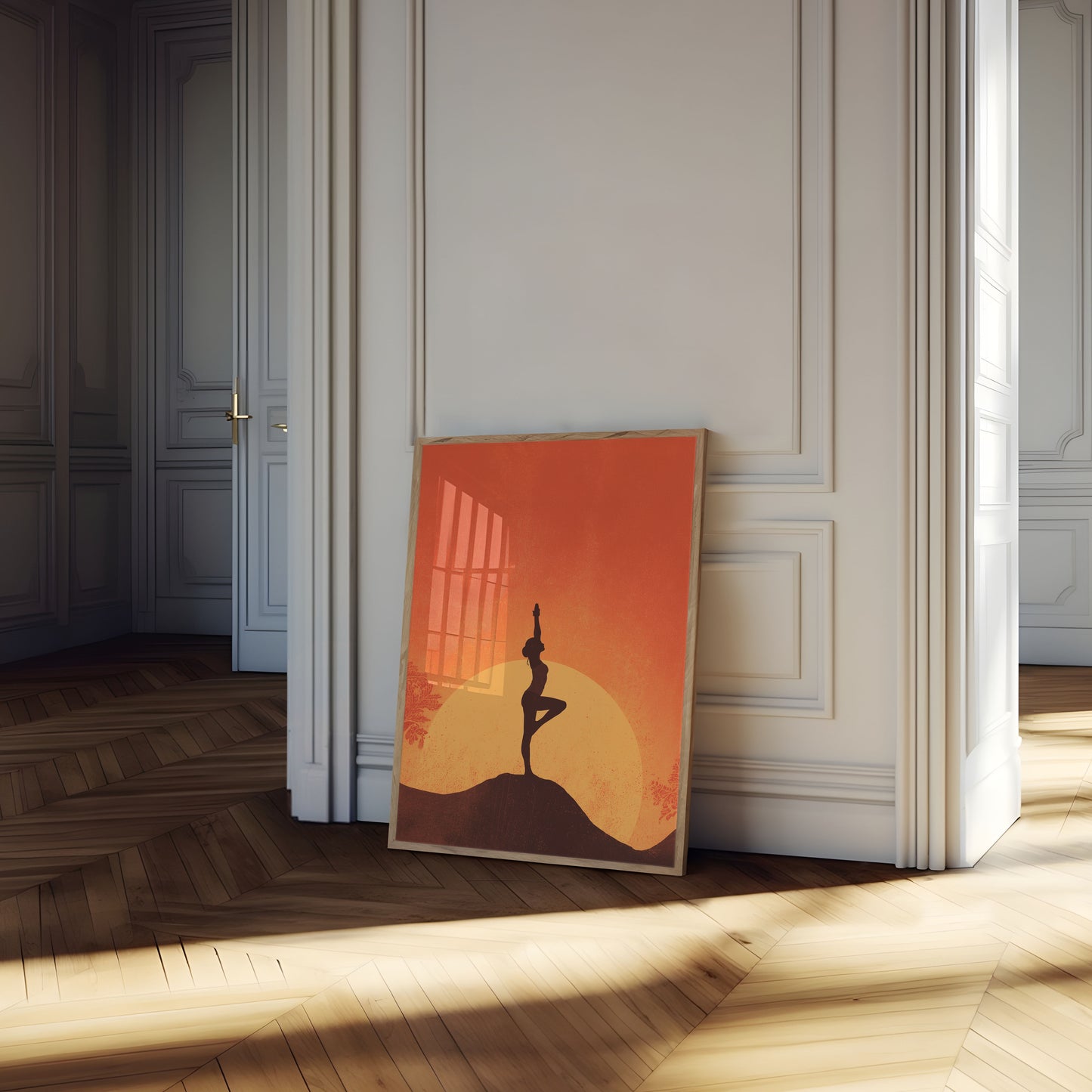Affiche d'équilibre de yoga au lever du soleil