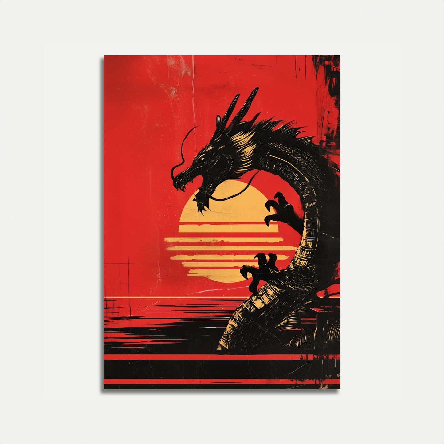 Póster del atardecer del dragón carmesí