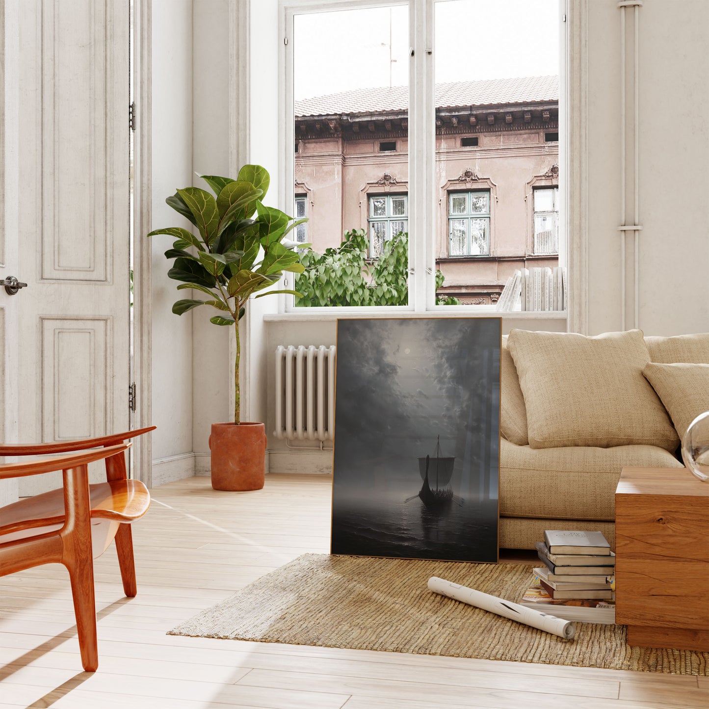 Póster de viaje vikingo a la luz de la luna