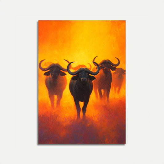Afrikanische Büffelherde bei Sonnenuntergang Plakat