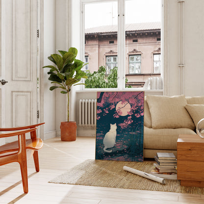 Cat Gazing at Moonlit Blossoms Poster