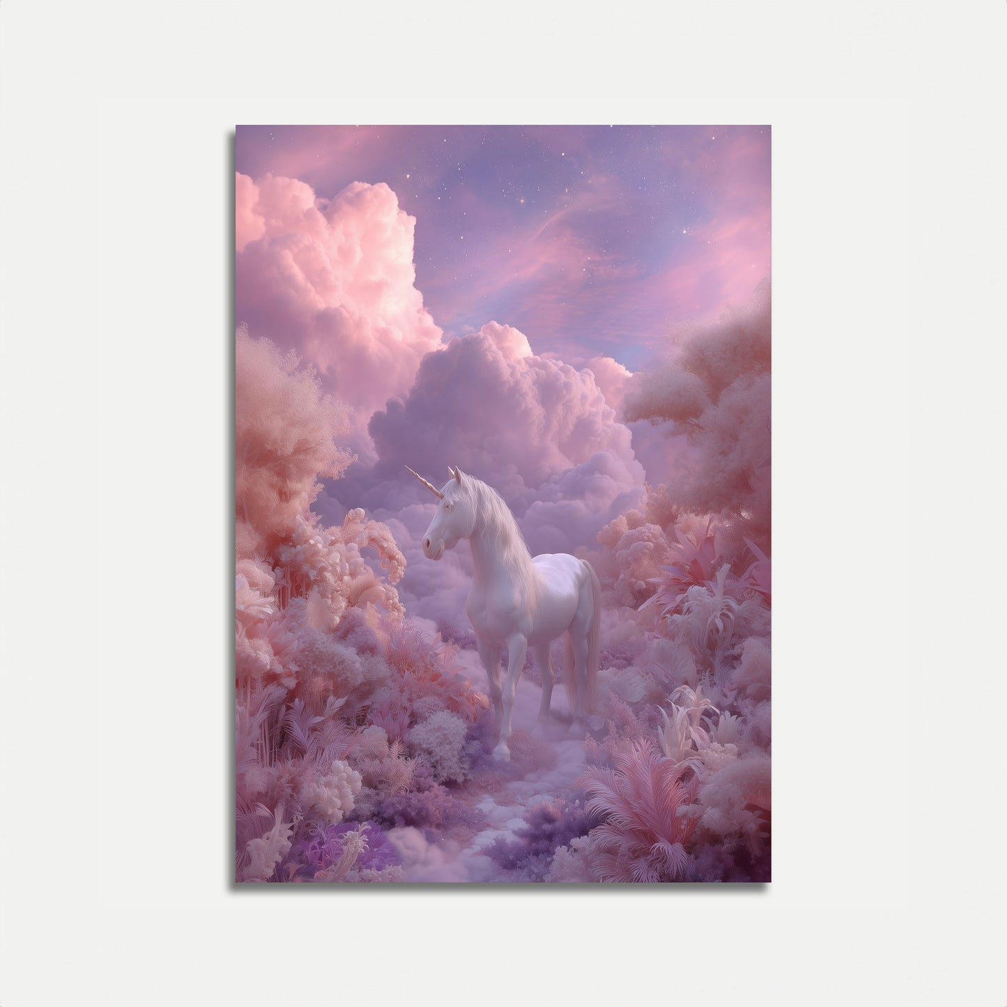 Unicorn in a fantasy landscape with pink and purple clouds