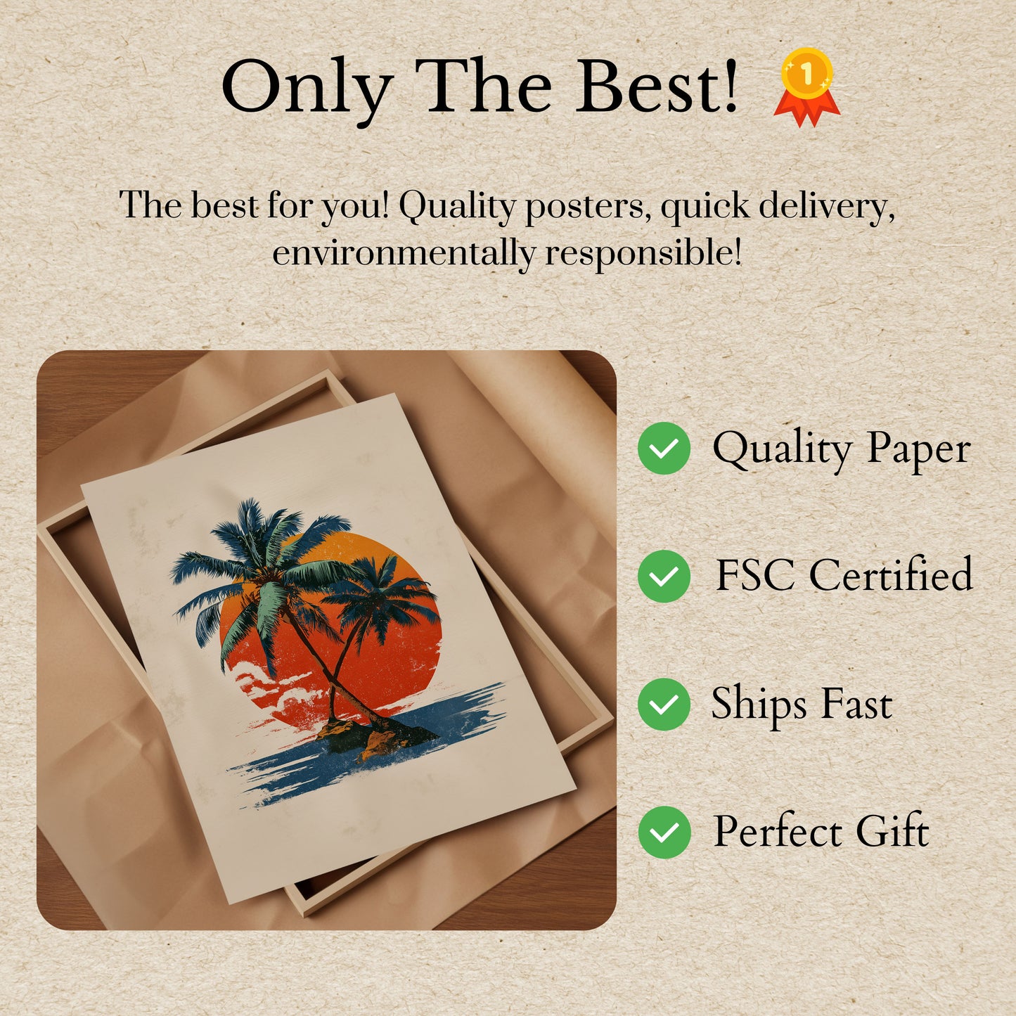 Póster de Playa con Puesta de Sol y Palmas Tropicales