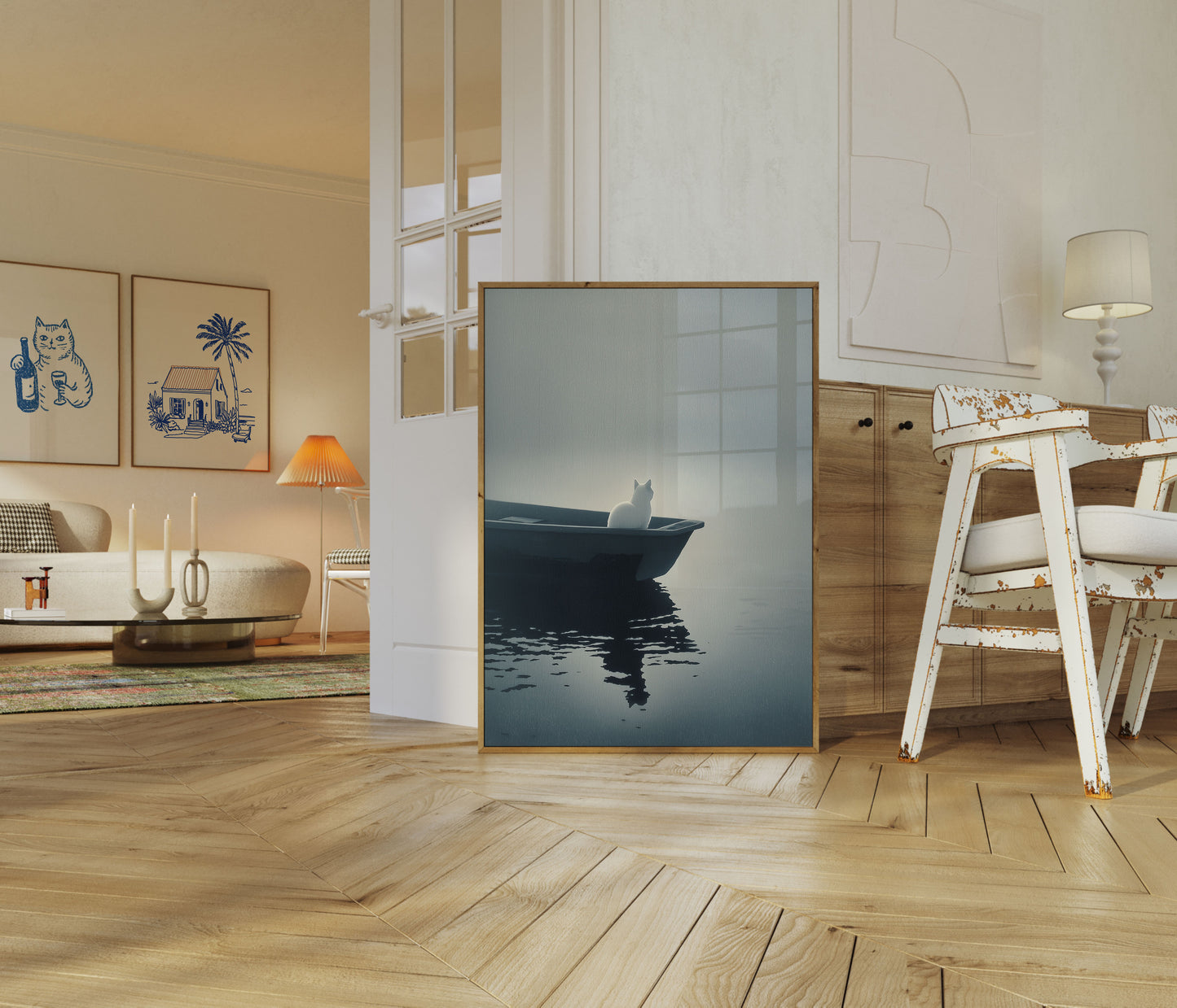 Hvid kat på klippeposter