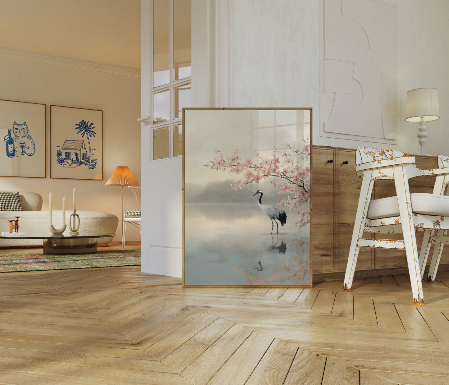 Crane by Cherry Blossoms Poster