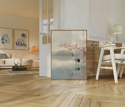 Crane by Cherry Blossoms Poster