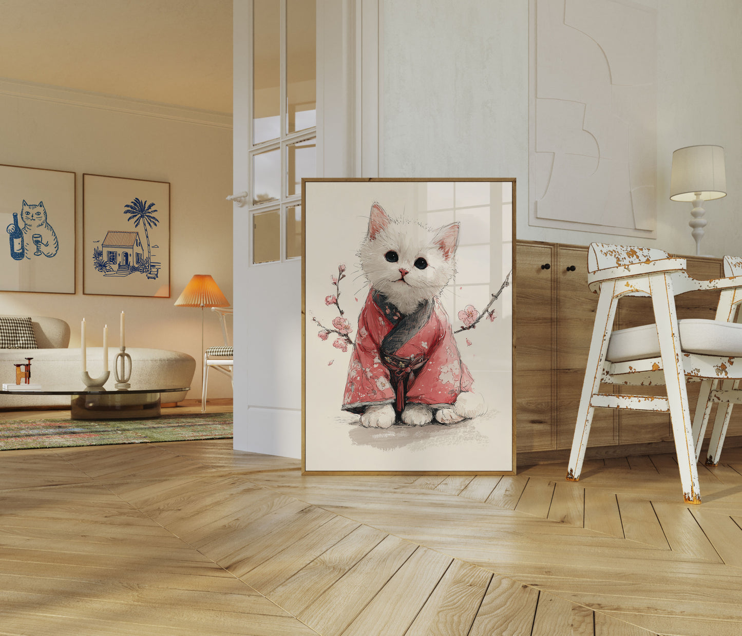 Weißer Kater im roten Kimono Poster