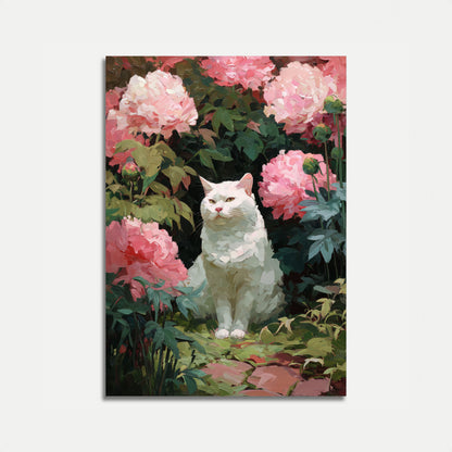Weiße Katze in rosa Pfingstrosen Poster