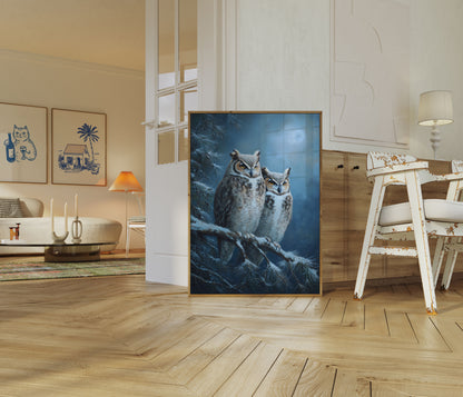 Snowy Owls Under Moonlight Poster