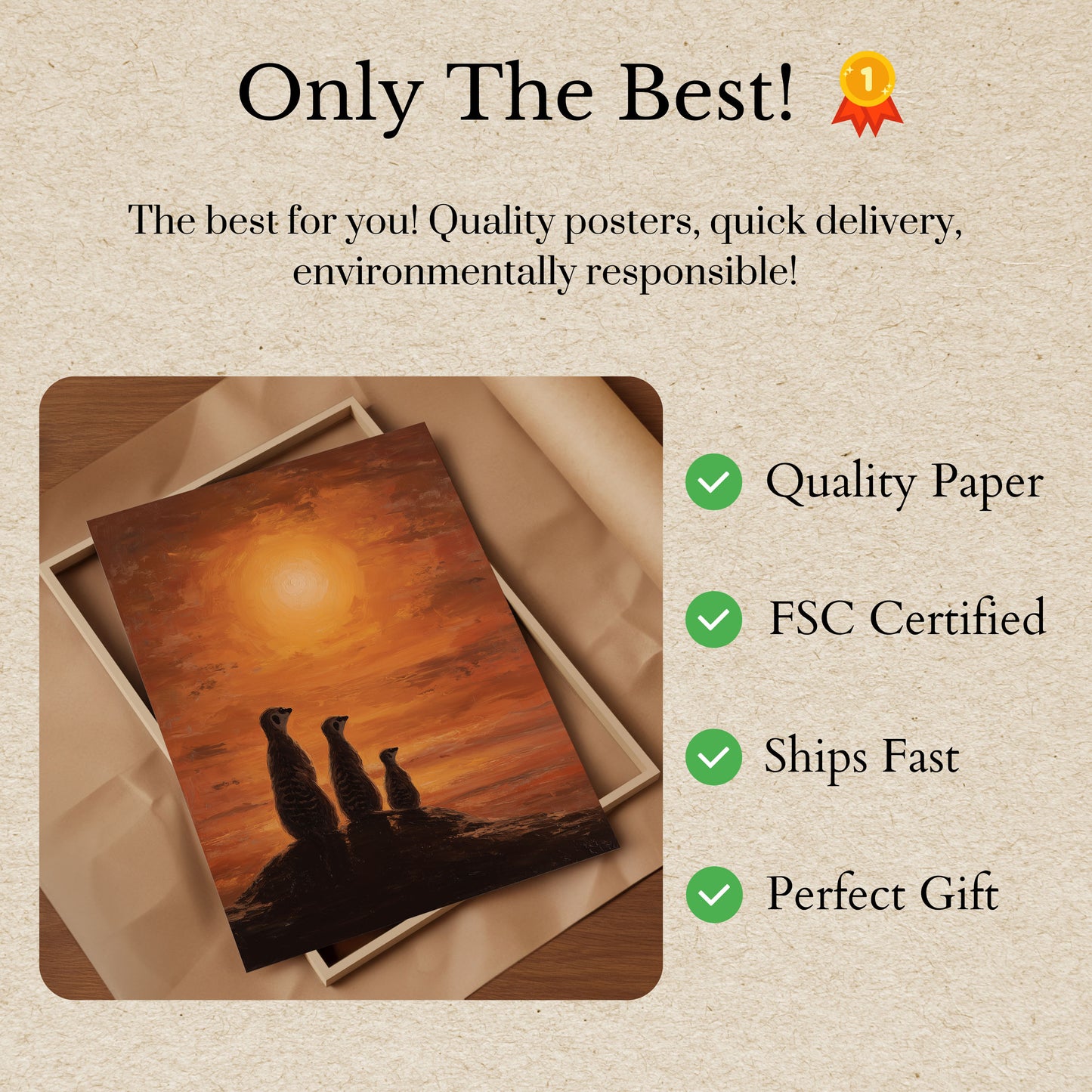 Affiche Suricates Coucher de Soleil du Désert