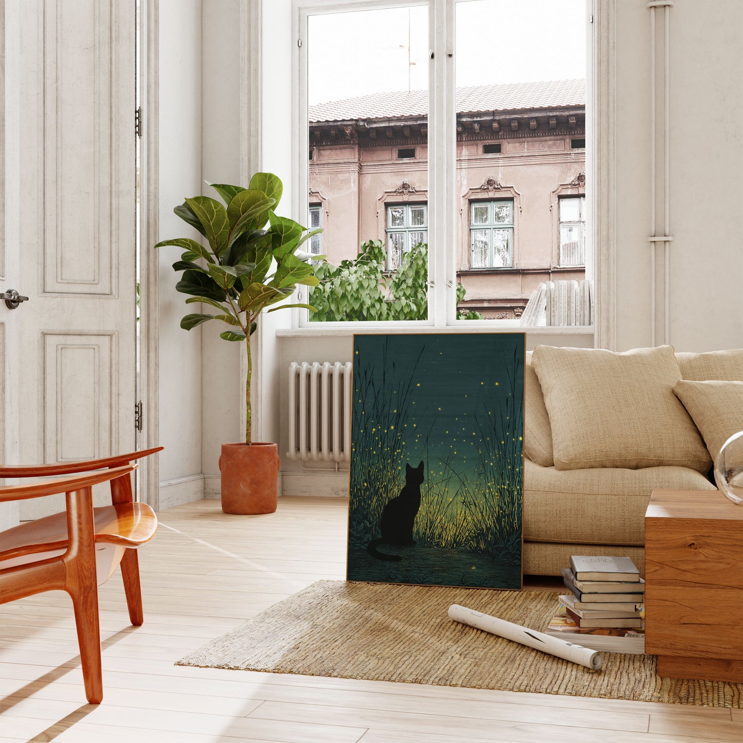 Cat Watching Fireflies Poster
