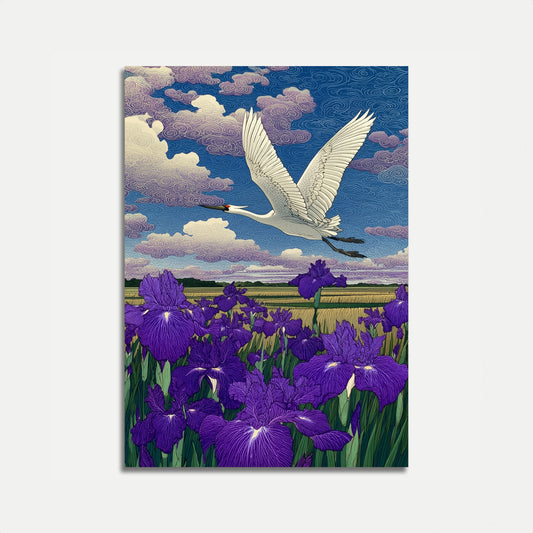 Affiche Grue au-dessus d'un champ d'iris violets