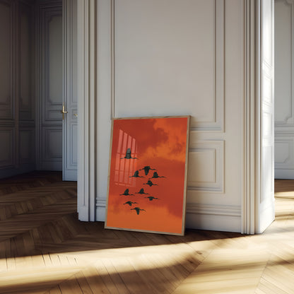 Affiche Grues Volantes Contre le Coucher de Soleil