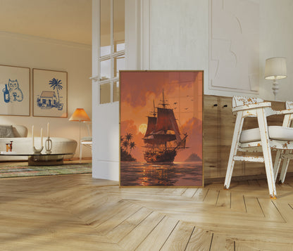Sunset Pirate Ship Voyage Poster