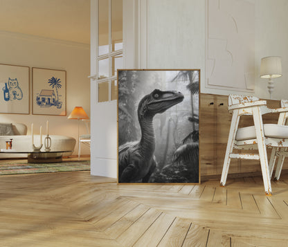 Póster del bosque prehistórico de velociraptores